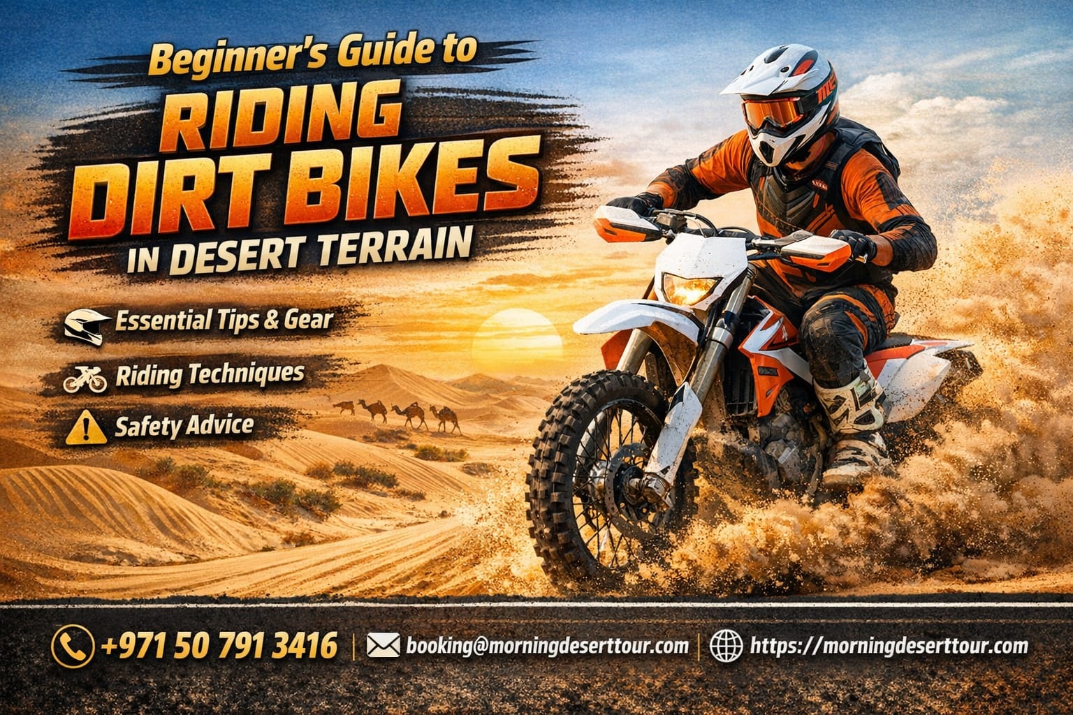 A man riding dirt bikes in desert